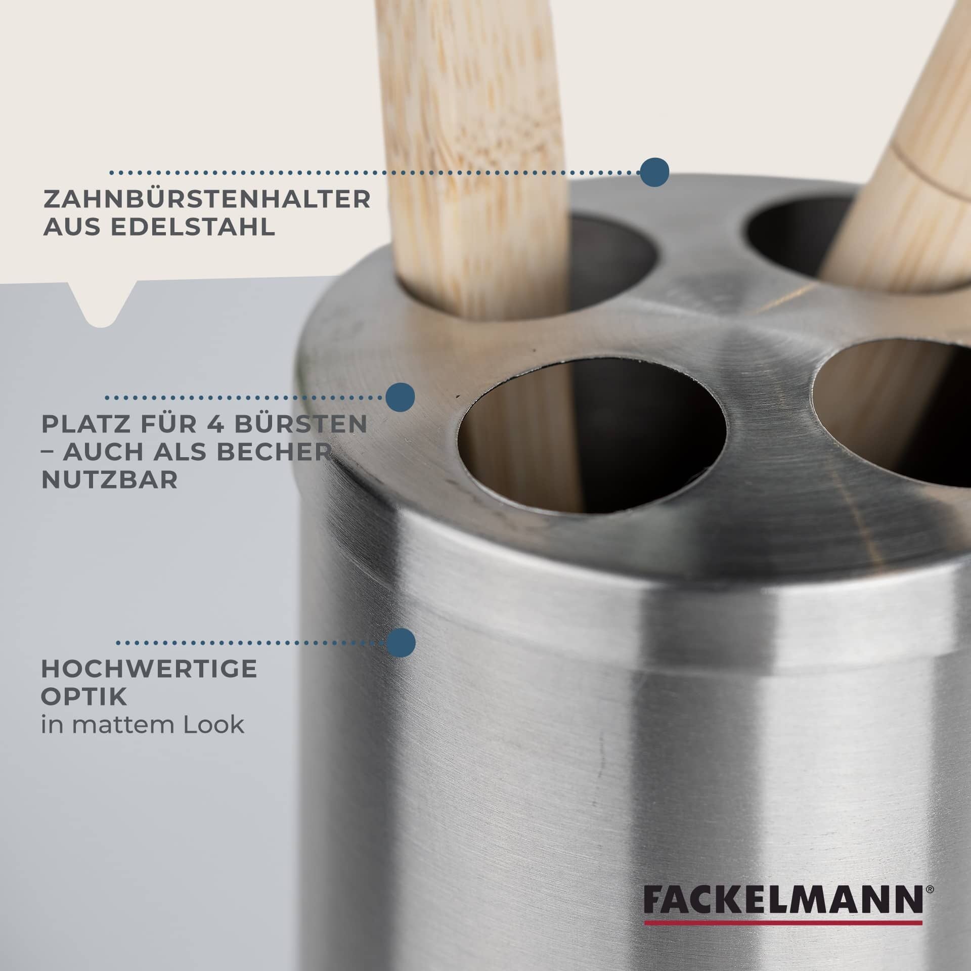 Tannbørsteholder rustfritt stål Ø6,5 cm for 4 børster side