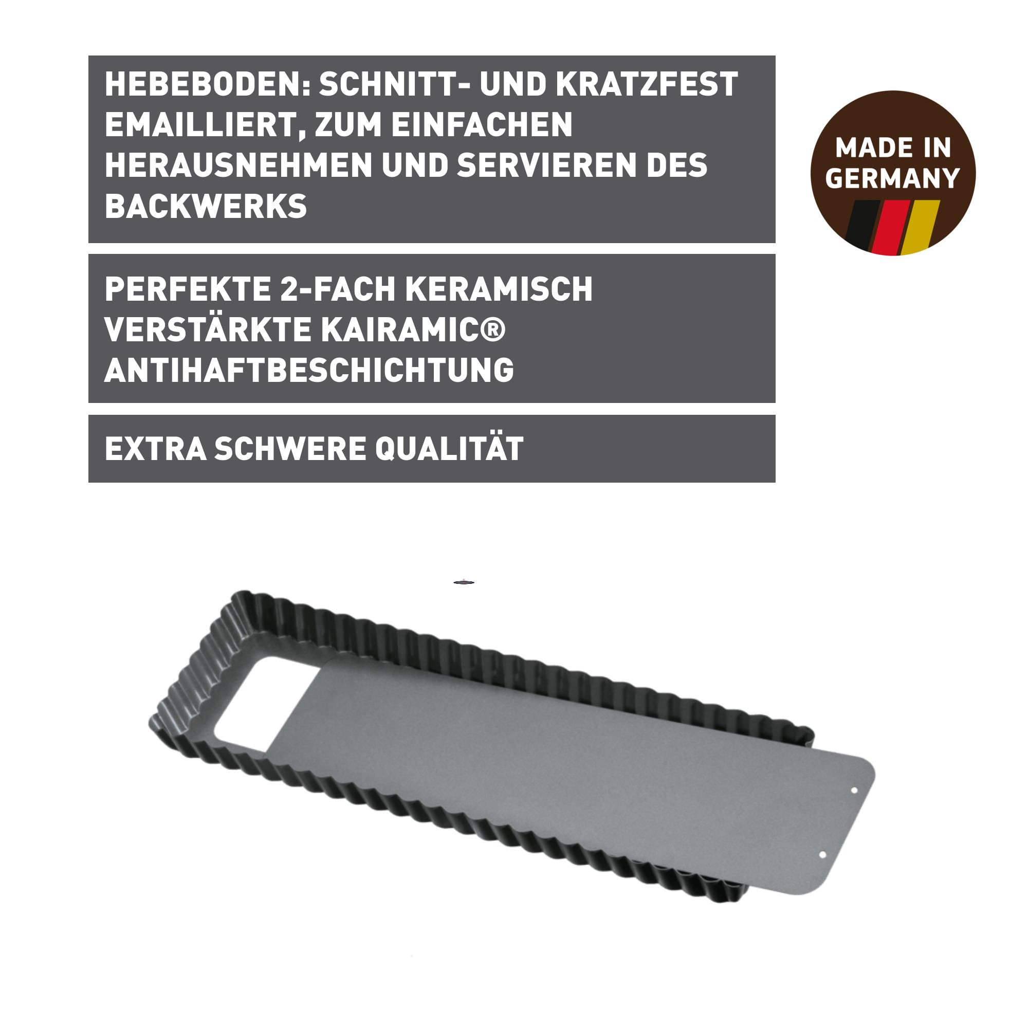 Tarte- og quicheform rektangulær med løs bunn 35x13 cm non-stick Kaiser bakside