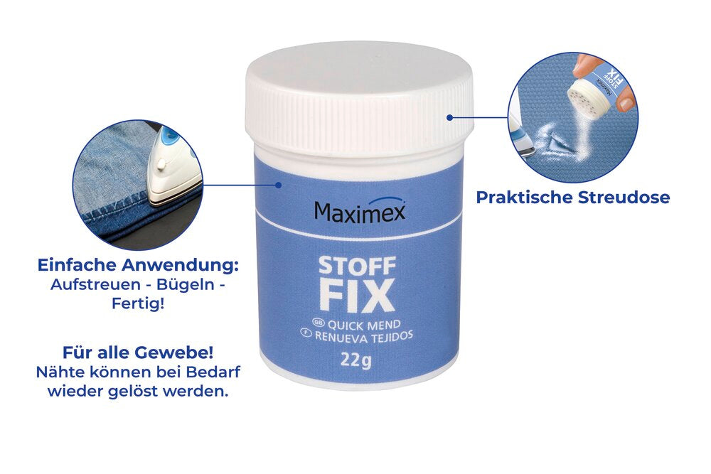 Tekstilfikspulver 22 g vask- og rengjøringsbestandig - Maximex på tekstil