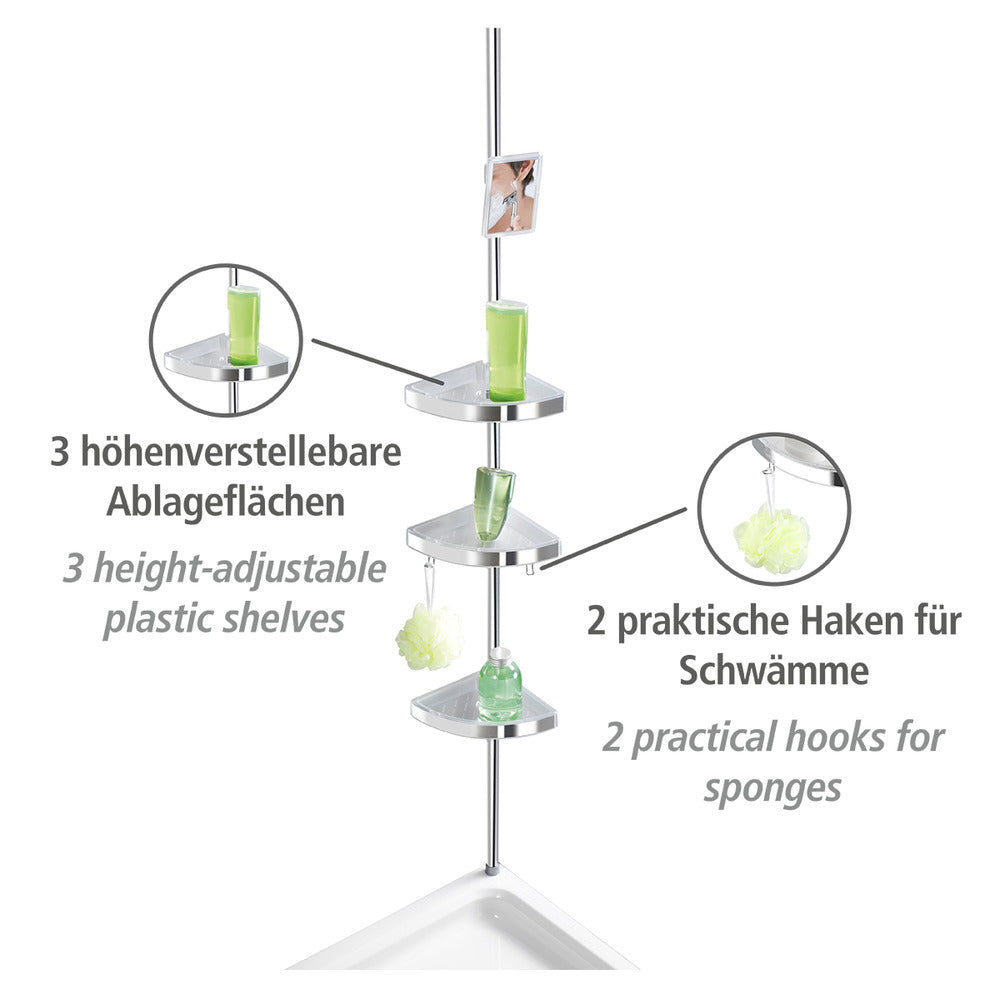 Detalj av hyller på Teleskop dusj hjørnehylle 3 hyller med speil aluminium