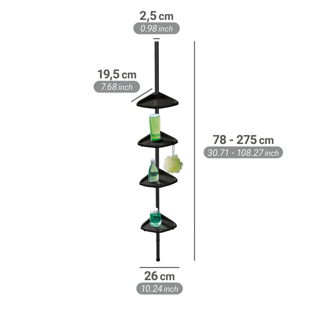 Teleskop dusj-hjørnehylle aluminium svart 78-275 cm - Wenko sett fra siden