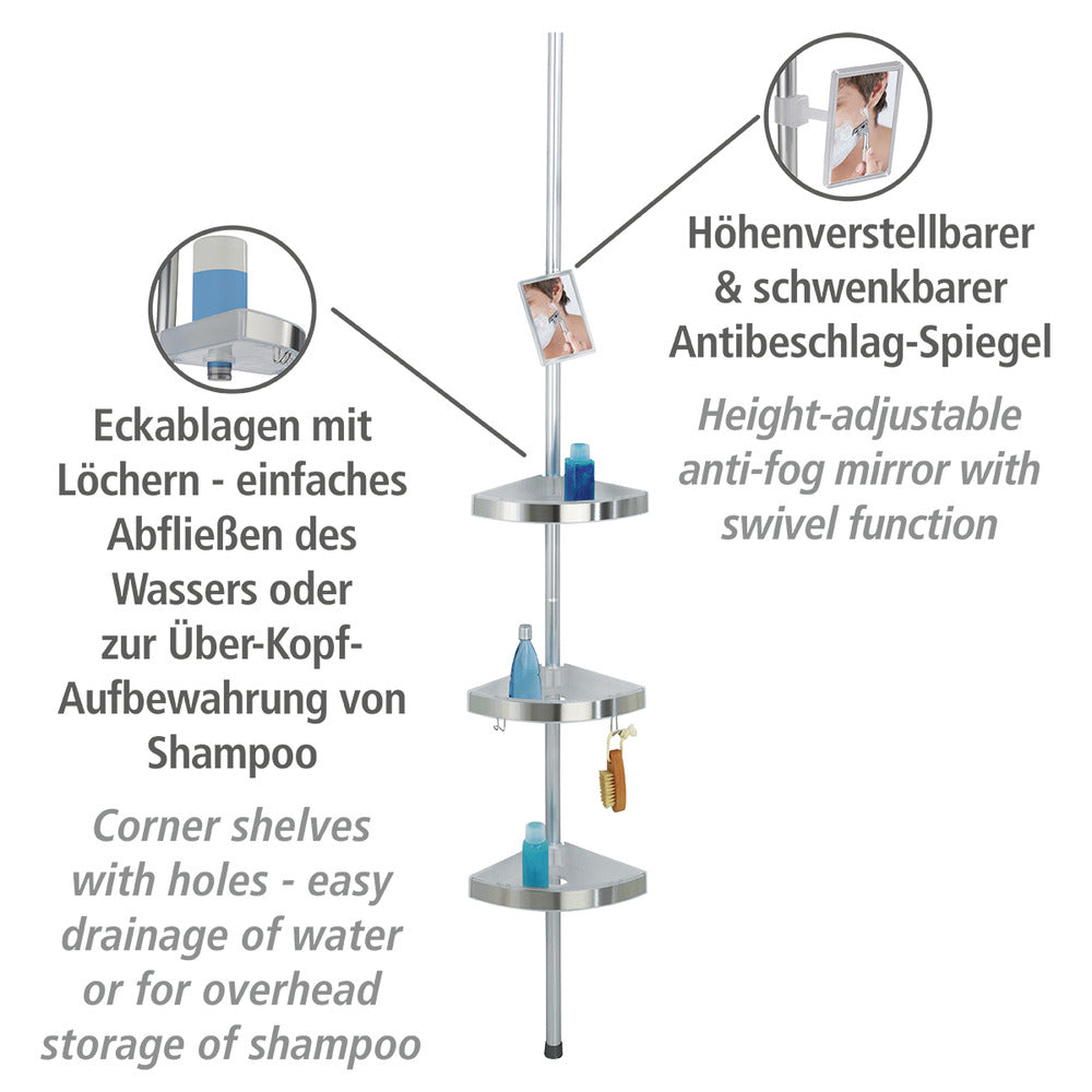 Baksiden av Teleskop dusjhjørnehylle satinert aluminium med 3 hyller og speil - Wenko