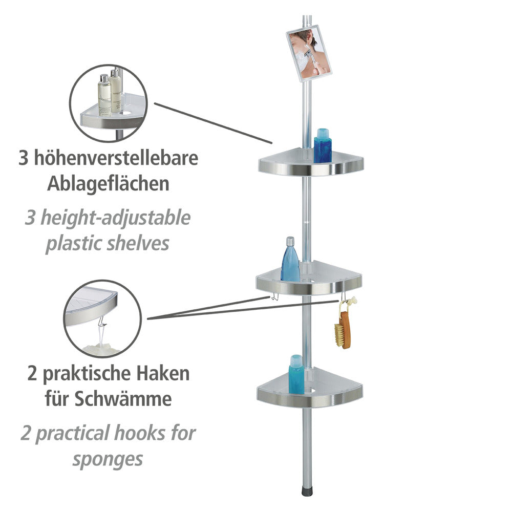 Detalj av hyllene på Teleskop dusjhjørnehylle satinert aluminium med 3 hyller og speil - Wenko
