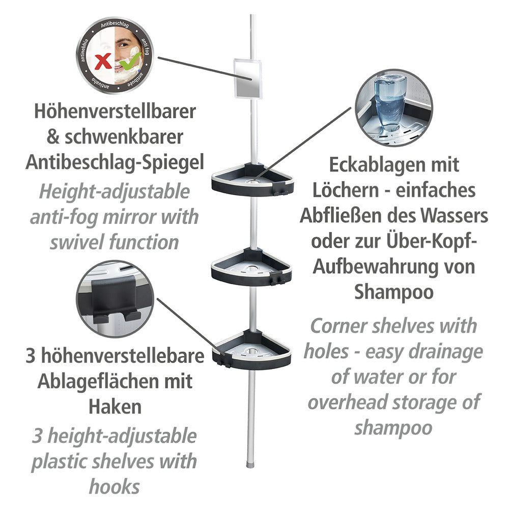 Teleskop dusjhjørnehylle Wave aluminium med 3 hyller og speil bakside