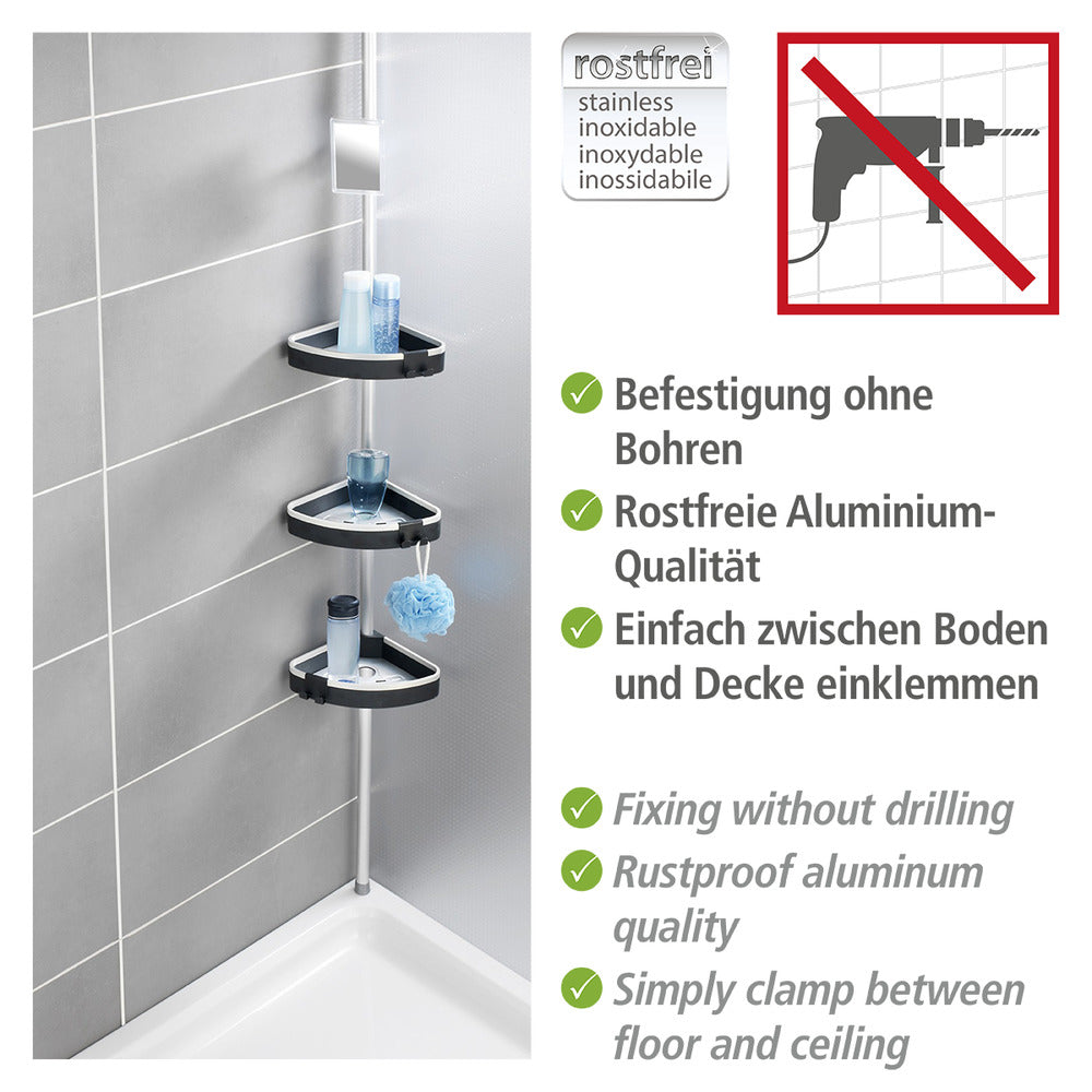 Detalj av hyller på Teleskop dusjhjørnehylle Wave aluminium med 3 hyller og speil