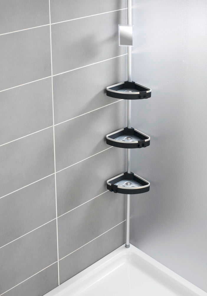 Sideprofil av Teleskop dusjhjørnehylle Wave aluminium med 3 hyller og speil