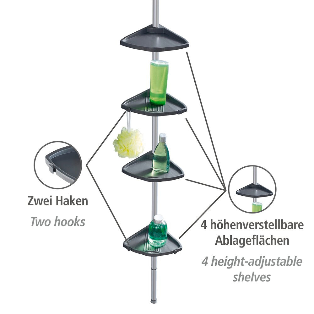 Detalj av hyller på Teleskop dusjhylle Compact sølv aluminium med 4 hyller
