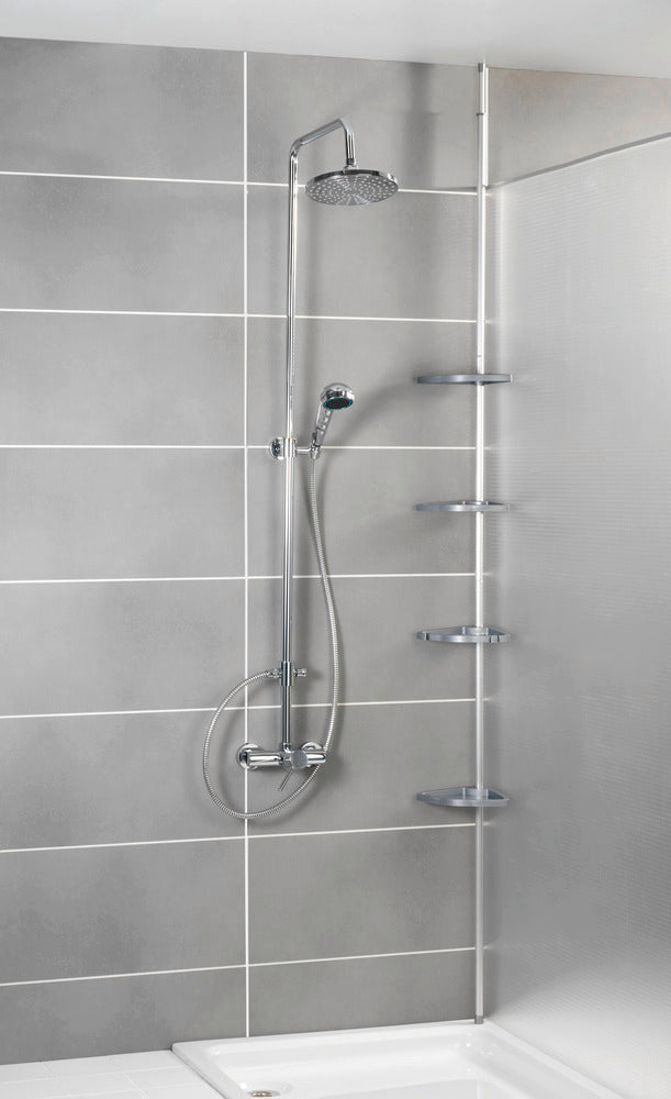 Teleskop dusjhylle Easy sølv aluminium med 4 hyller i badekarhjørne