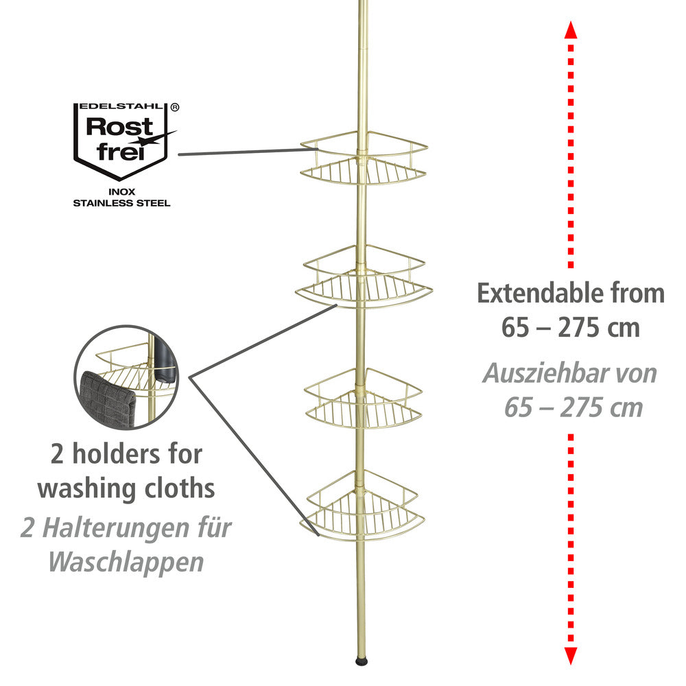 Teleskop-hjørnehylle Dolcedo rustfritt stål gull bakside