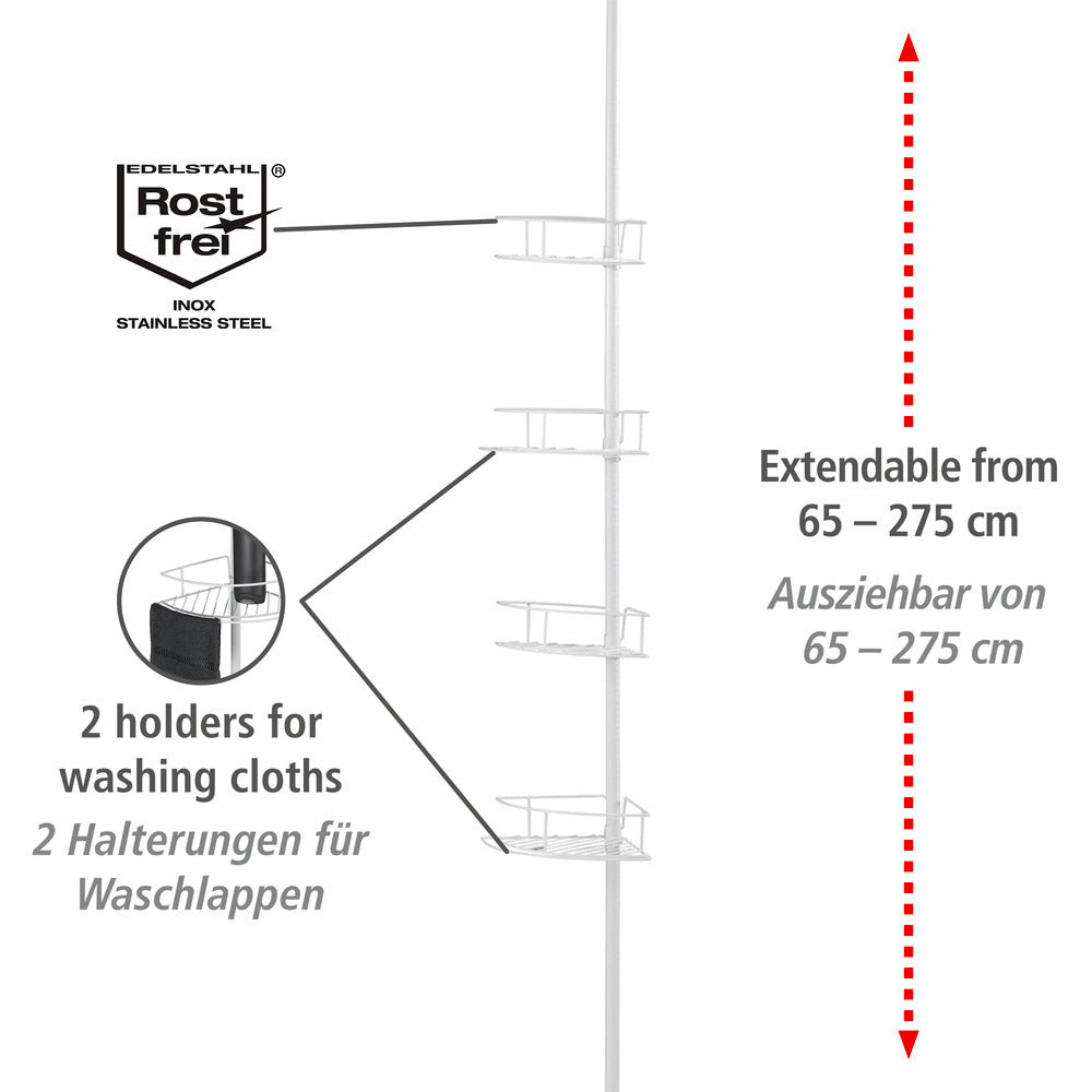 Teleskop-hjørnehylle hvit matt rustfritt stål 4 hyller - Wenko forfra