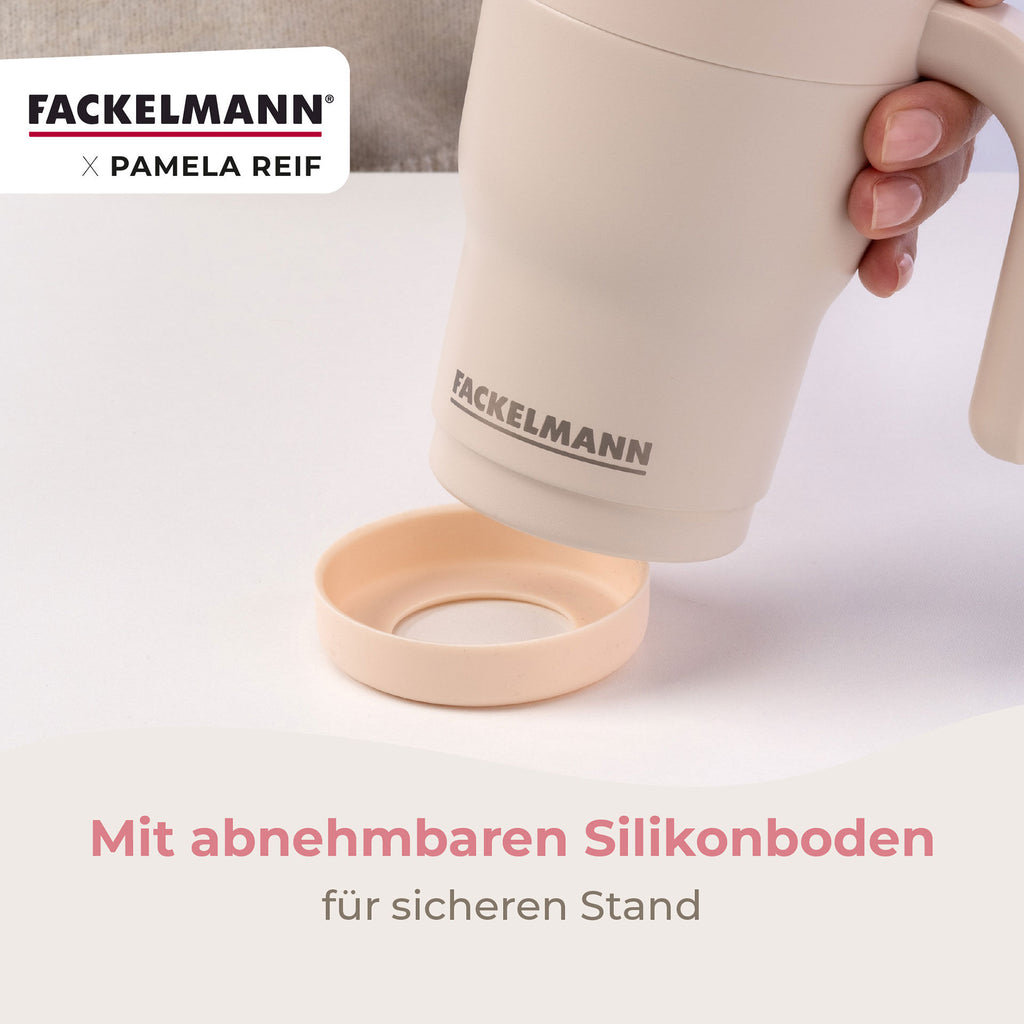 Termokopp pastellbeige rustfritt stål 420 ml med sugerør i hånd