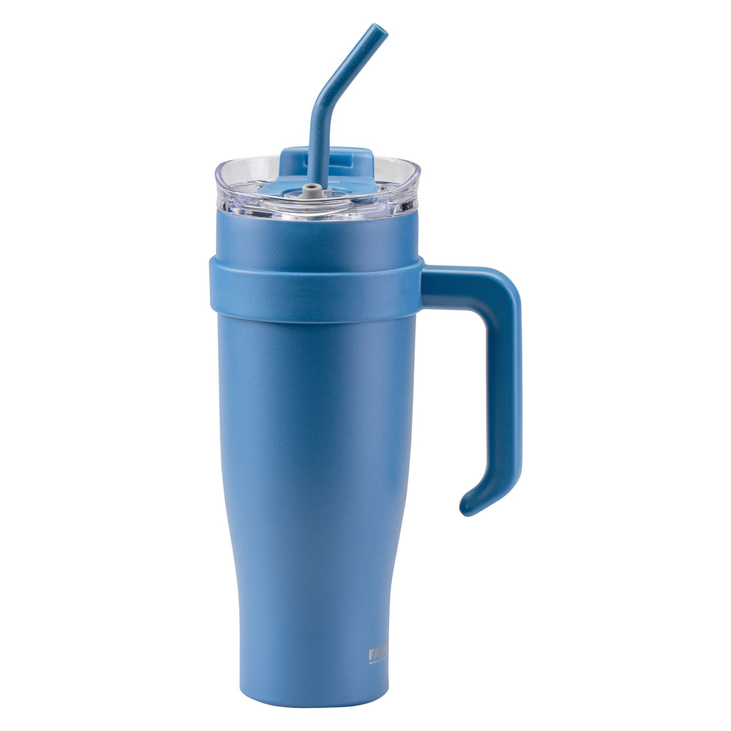 Termokopp rustfritt stål blå 1,2 L med sugerør forfra