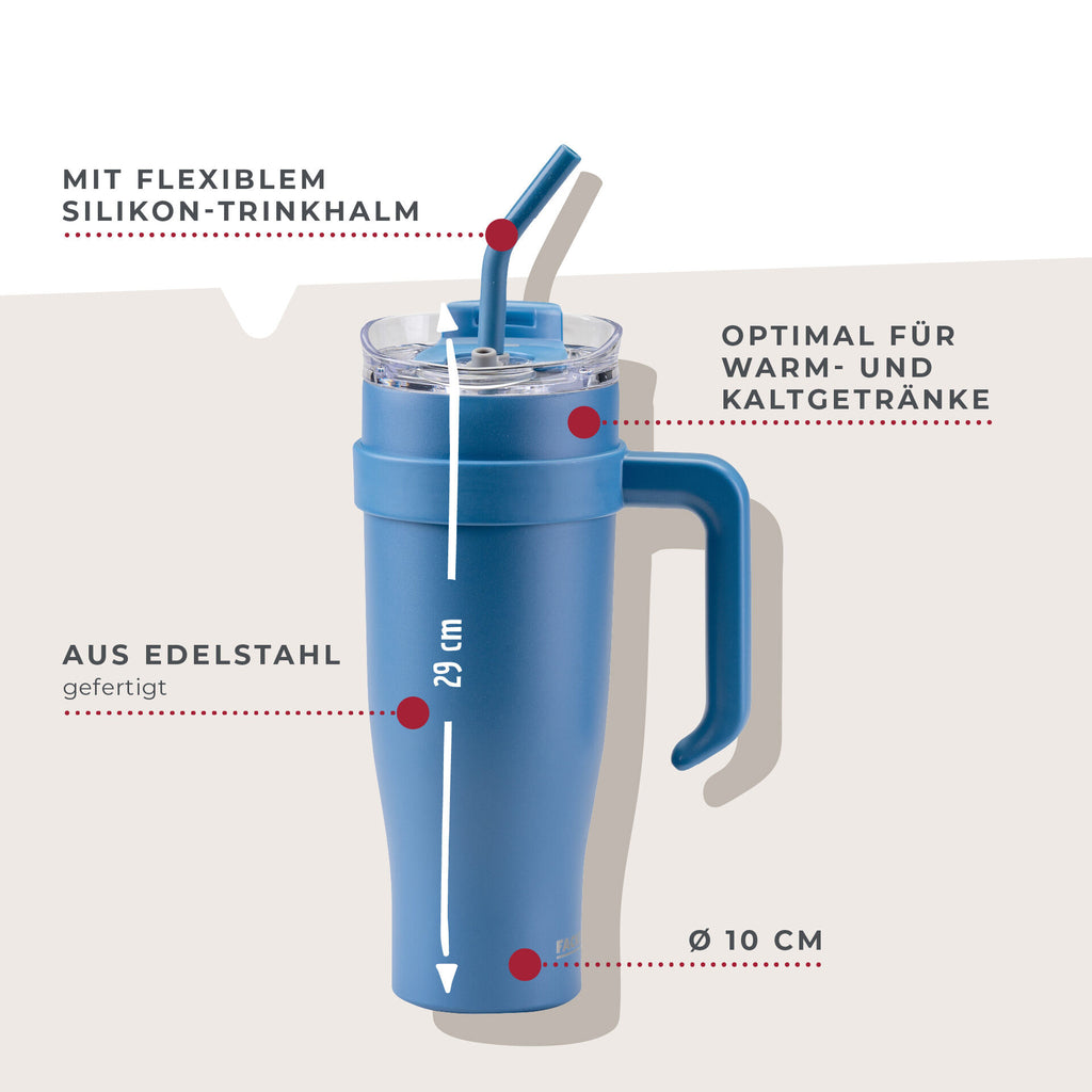 Detalj av lokk og silikonpakning på Termokopp rustfritt stål blå 1,2 L med sugerør