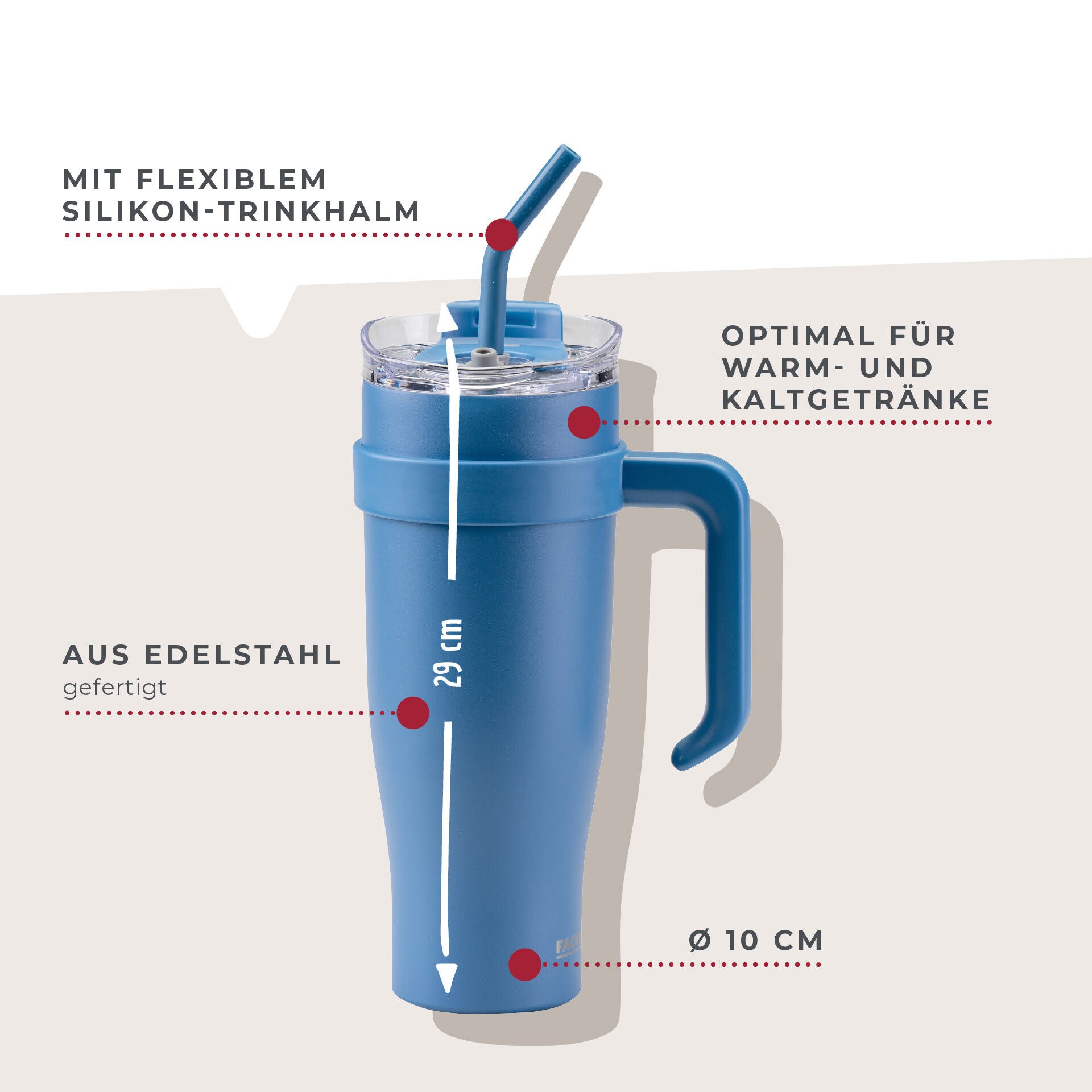 Detalj av lokk og silikonpakning på Termokopp rustfritt stål blå 1,2 L med sugerør