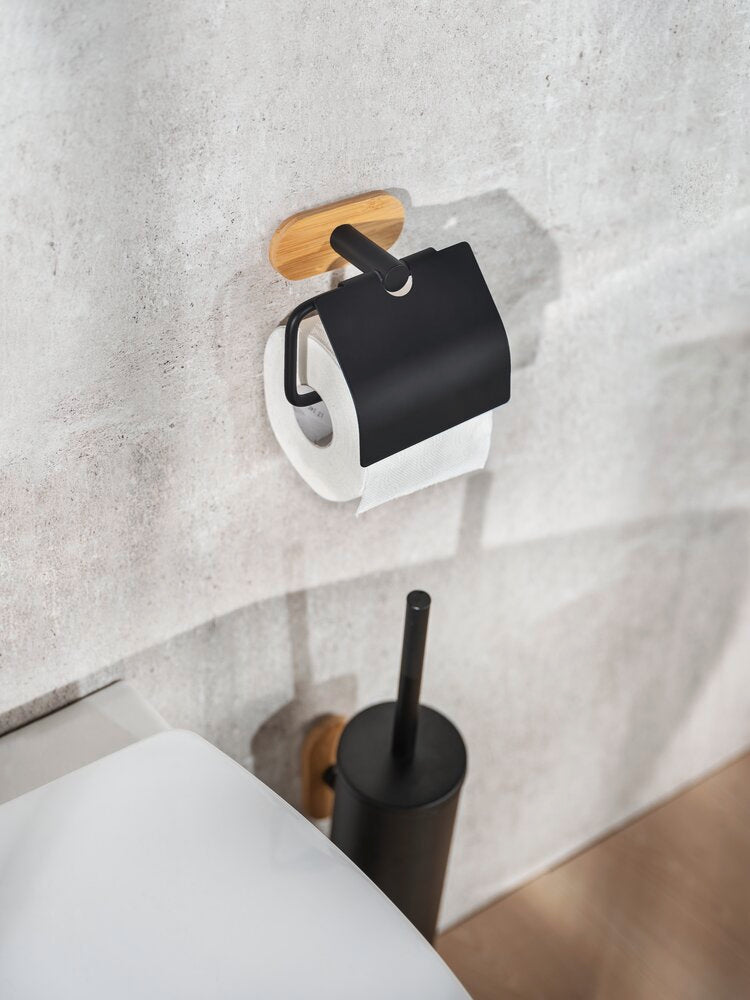 Nærbilde av toalettbørste med holder Orea Bamboo rustfritt stål uten boring
