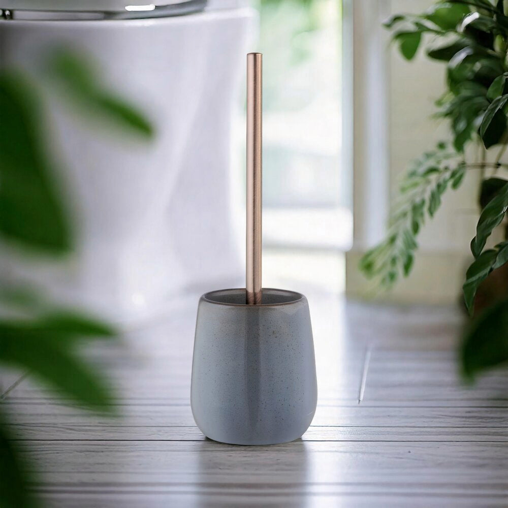 Toalettbørste med holder keramikk grå/kobber Ø10,5x40 cm sett fra siden