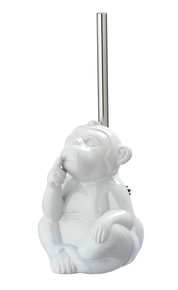 Toalettbørste med holder Monkey Quiet keramikk hvit forfra