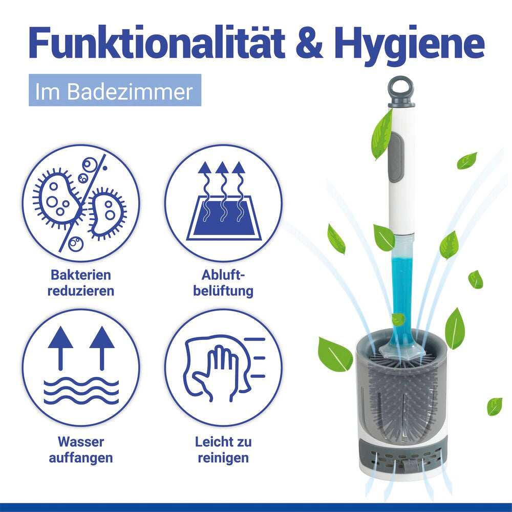 Nærbilde av bust på toalettbørste med rengjøringsmiddeldispenser 2-i-1 plast hvit - WENKO