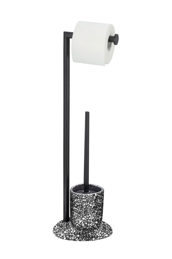 Toalettbørste med rulleholder Terrazzo polyresin sort/hvit - Wenko forfra