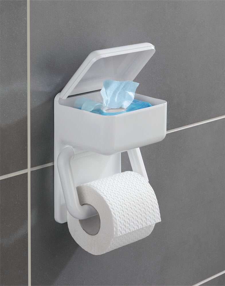 Detalj av Toalettpapirholder 2-i-1 med hylle for våtservietter hvit plast - WENKO