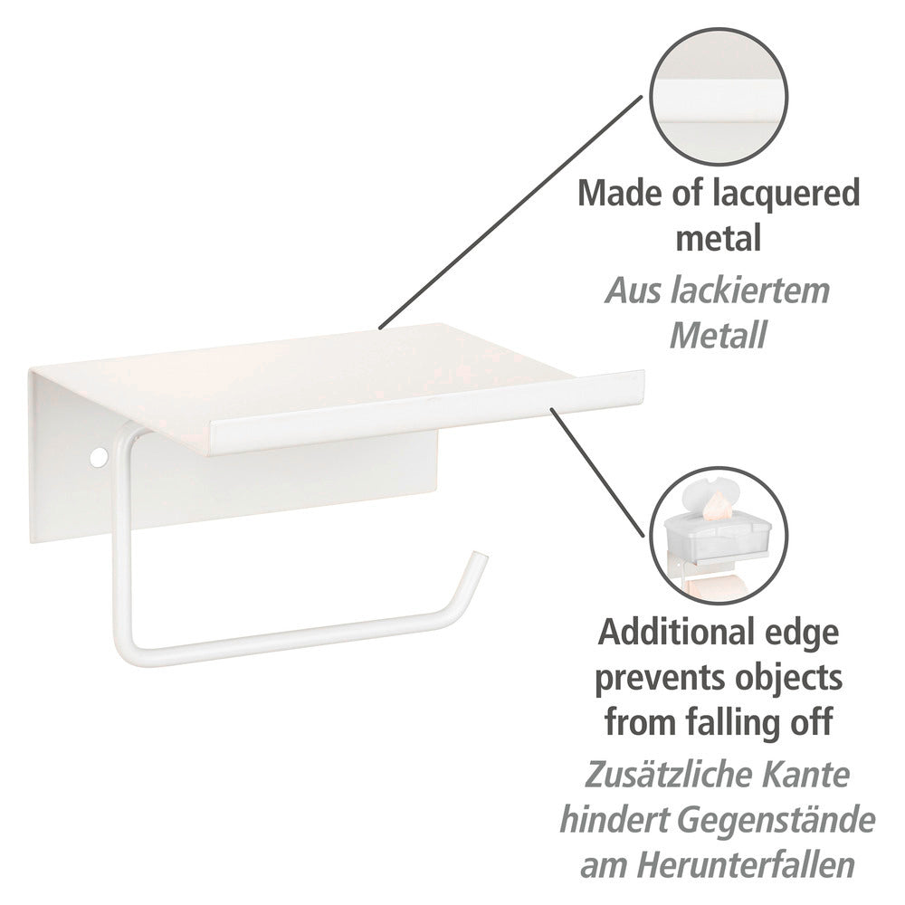Toalettpapirholder Desulo hvit metall med hylle bakside