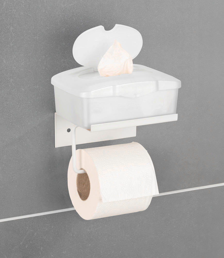 Toalettpapirholder Desulo hvit metall med hylle sideprofil