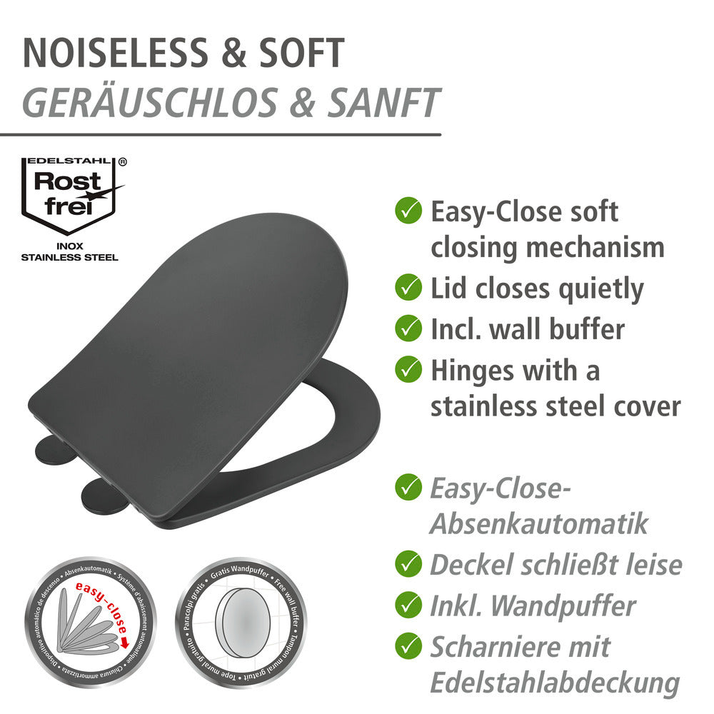 Nærbilde av hengsler på Toalettsete Galati antrasitt matt duroplast soft-touch