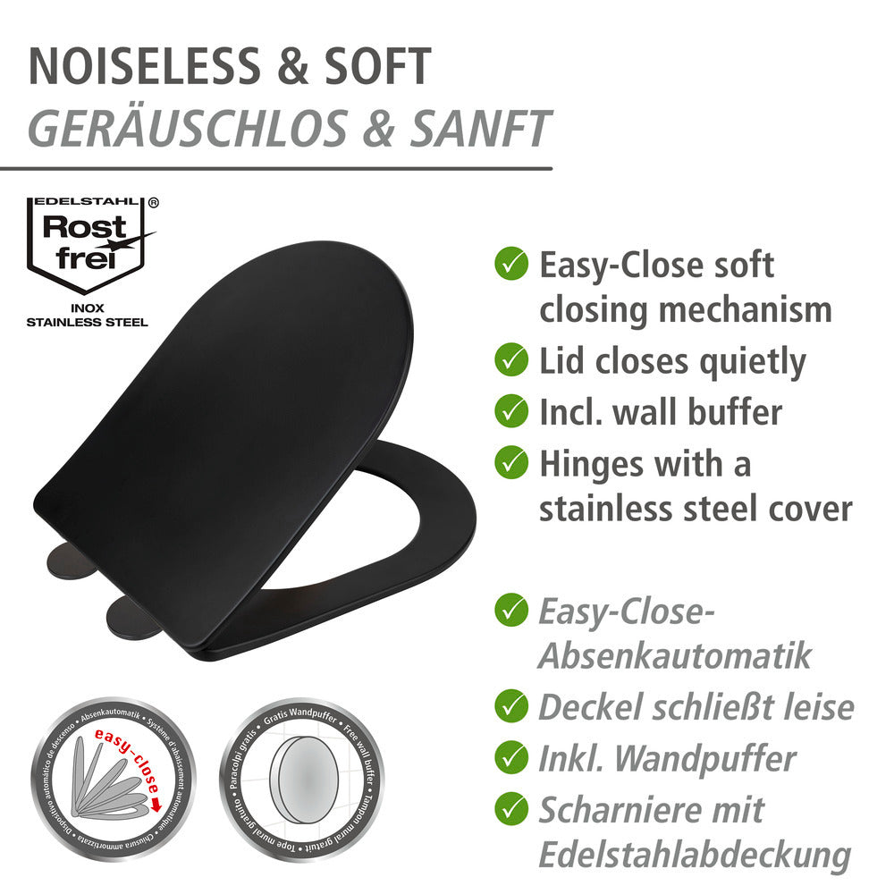 Toalettsete Galati svart matt duroplast soft-touch nærbilde av hengsler