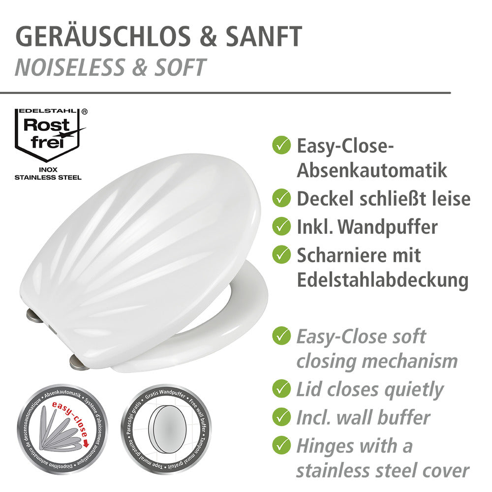Toalettsete Muschel med softclose duroplast hvit skjelldesign bakside