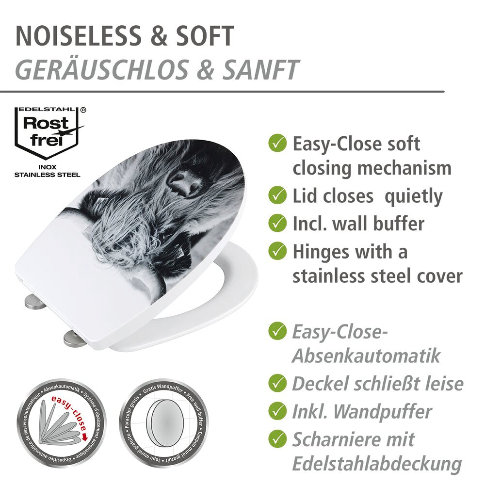 Nærbilde av hengsler på Toalettsete Yak med softclose høyglans termoplast