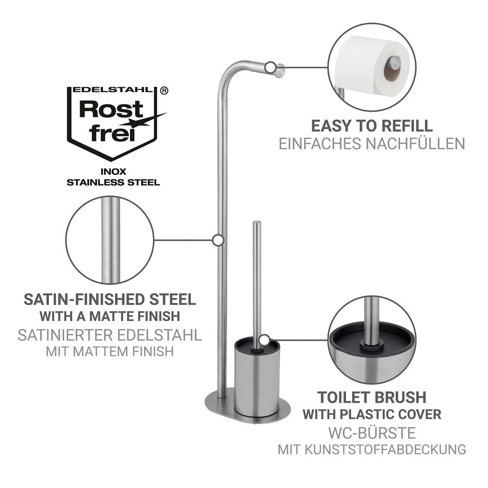 Toalettstativ med børste og papirholder rustfritt stål 23x63x17 cm - Wenko sett fra siden
