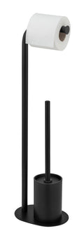 Toalettstativ med børste og papirholder svart stål 23x63x17 cm forfra