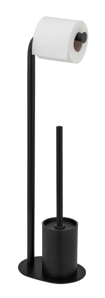 Toalettstativ med børste og papirholder svart stål 23x63x17 cm forfra