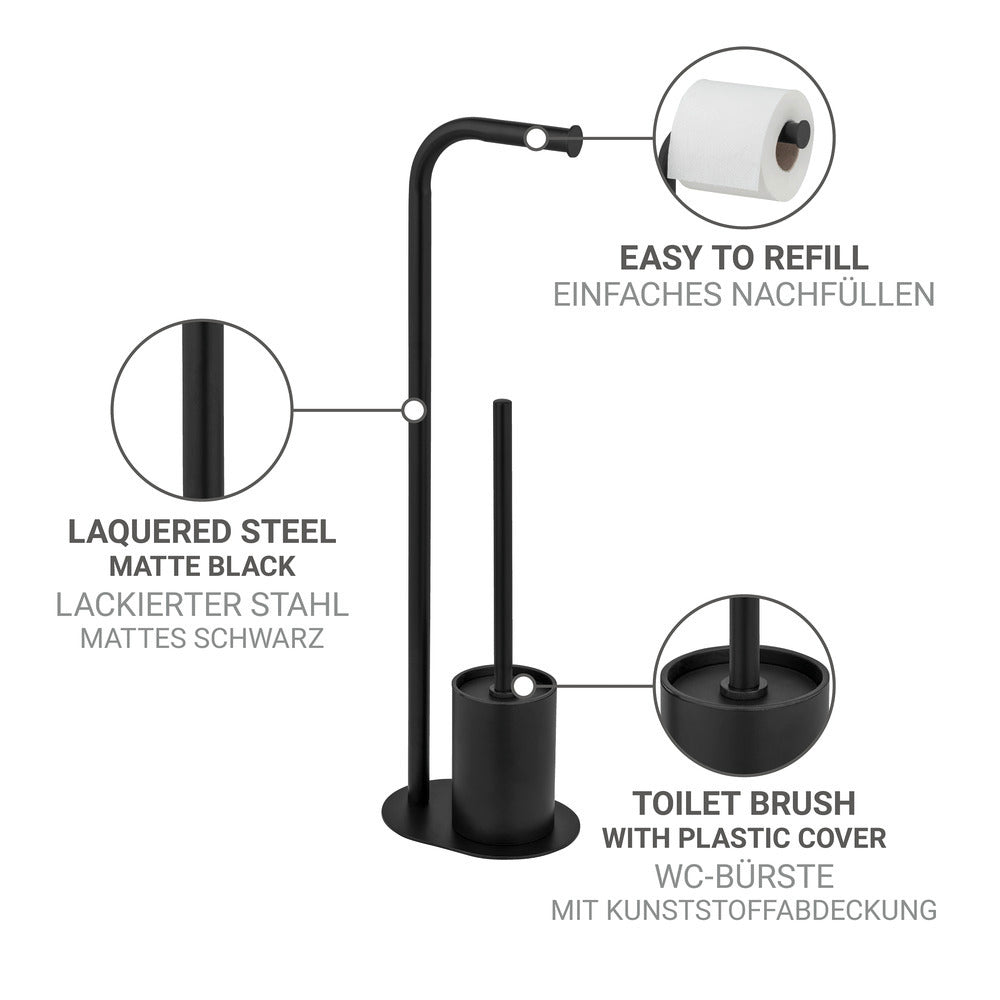 Toalettstativ med børste og papirholder svart stål 23x63x17 cm sideprofil