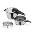 Trykkkoker-sett 22 cm med dampinnsats 4,5 og 3,0 L WMF forfra