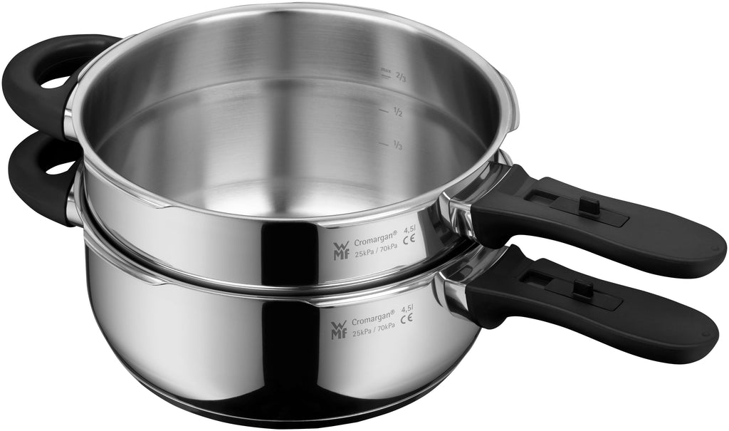 Trykkkoker-sett 22 cm rustfritt stål 3 og 4,5 L dampinnsats detalj