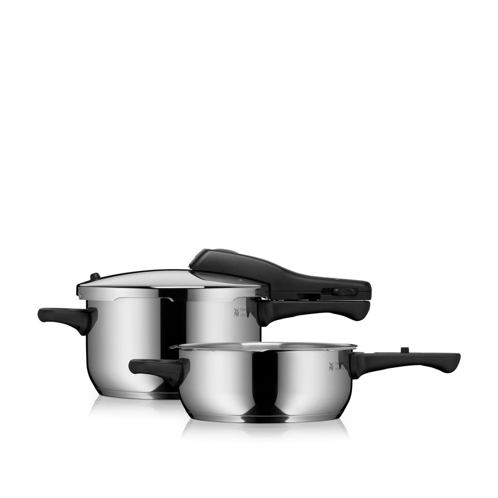 Trykkkoker-sett 22 cm rustfritt stål 4,5 og 3,0 L WMF forfra