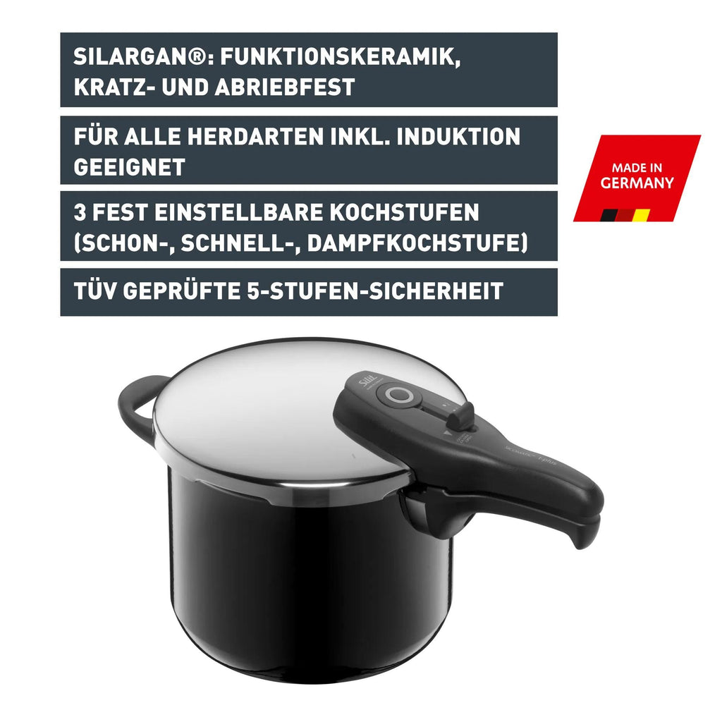 Trykkkoker Silargan® Sicomatic t-Plus 22 cm 6,5 L svart lokk åpent
