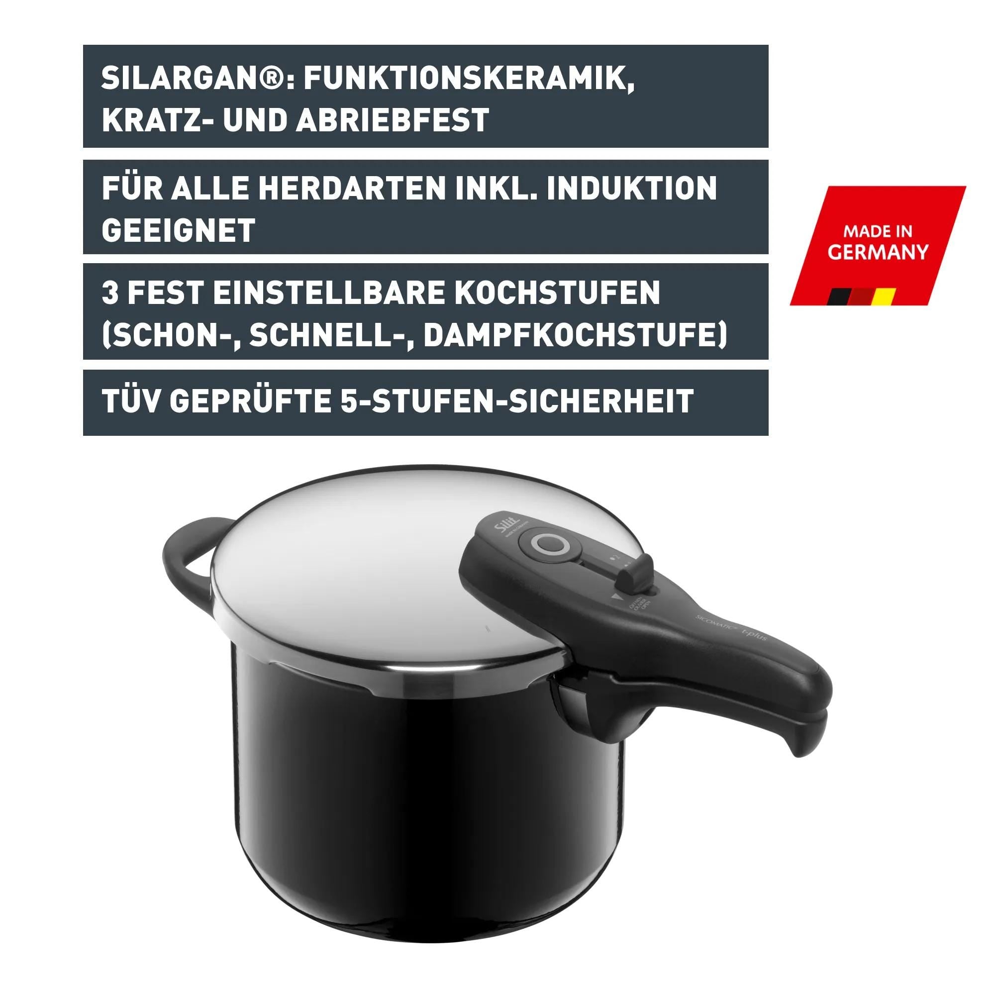 Trykkkoker Silargan® Sicomatic t-Plus 22 cm 6,5 L svart lokk åpent