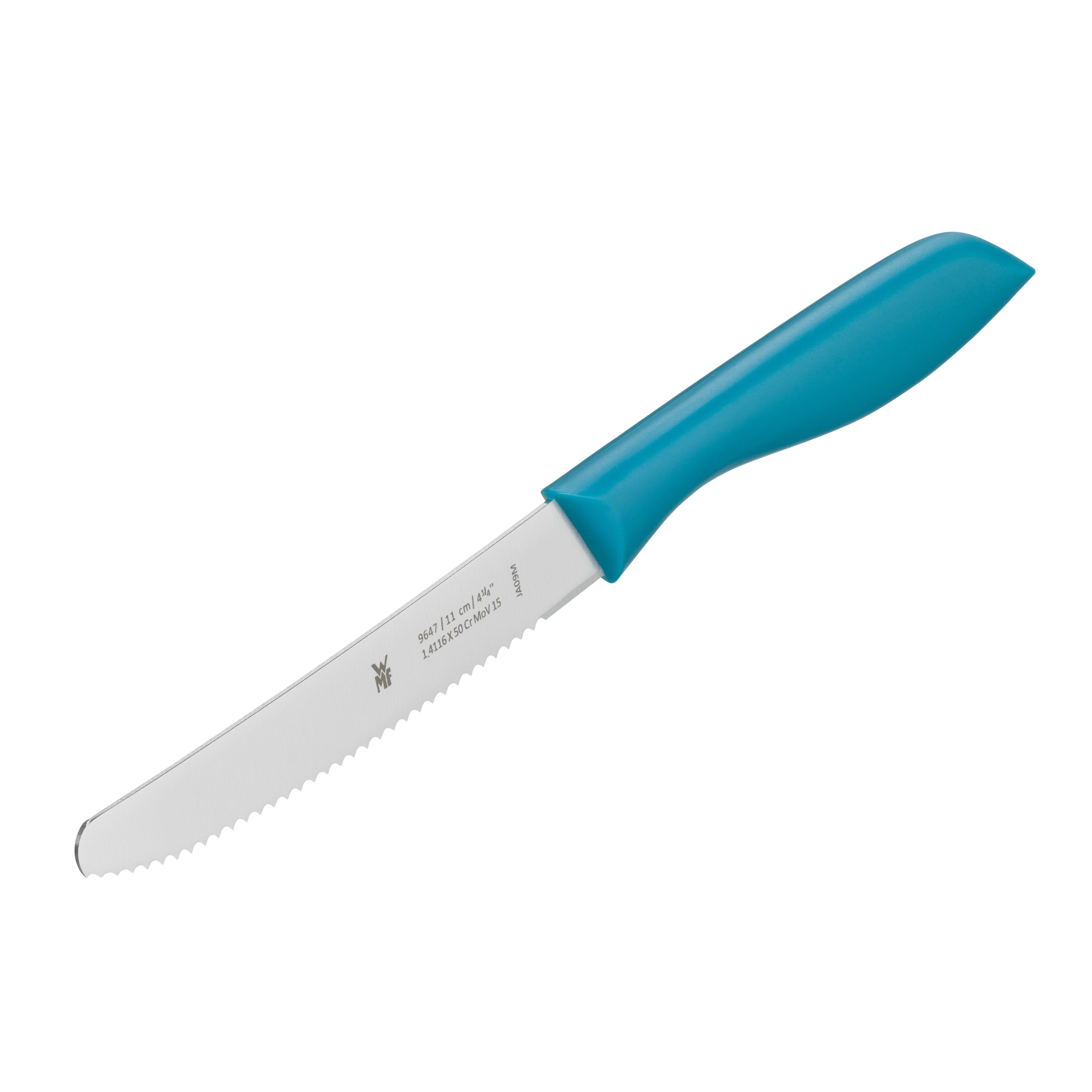 Detaljbilde av blå ergonomisk håndtak på Universalkniv 11 cm bølgeslipt blå 2-delt sett - WMF