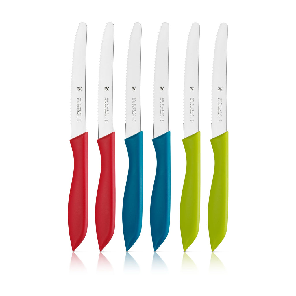 Universalkniv 11 cm bølgeslipt flerfarget 6-delt sett WMF forfra