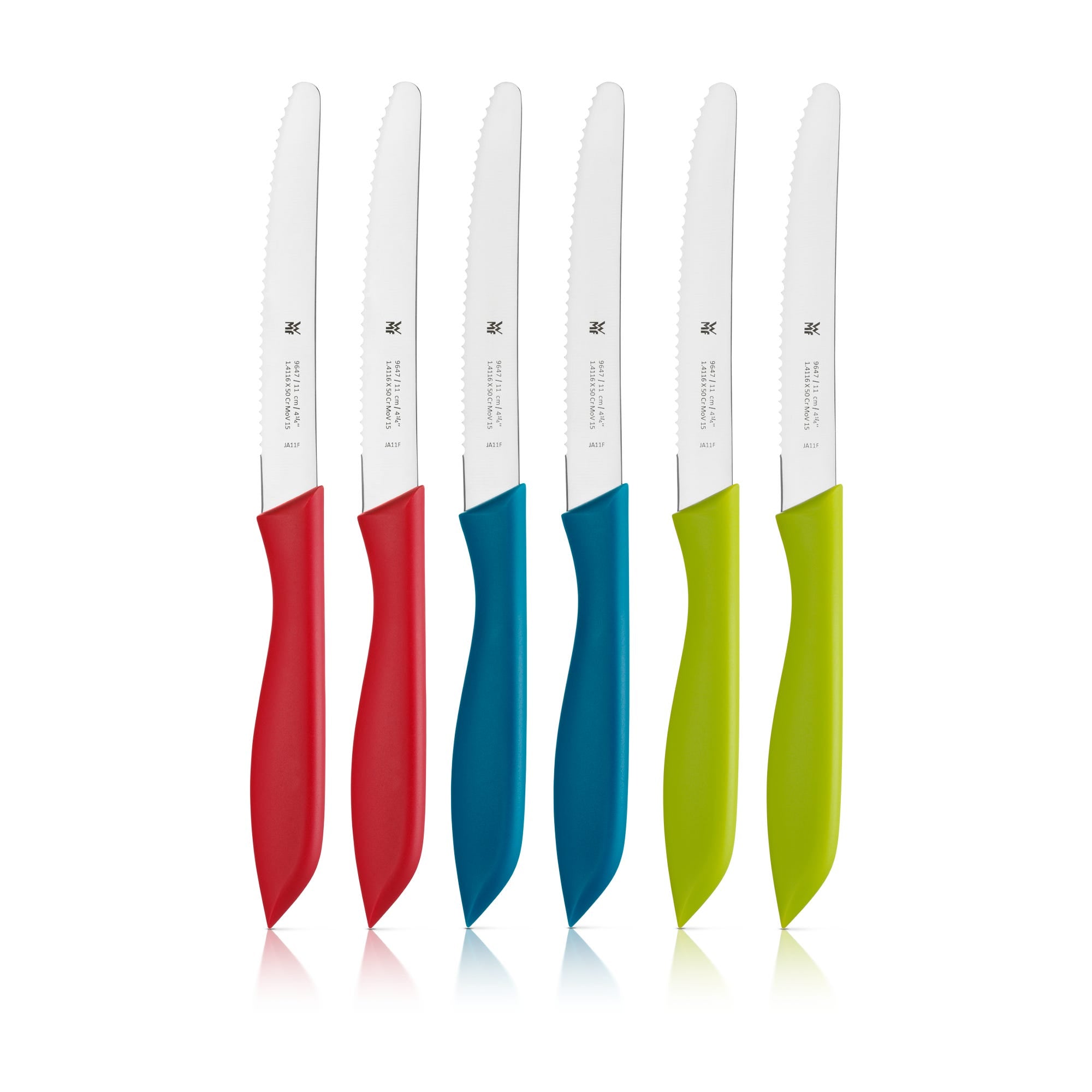 Universalkniv 11 cm bølgeslipt flerfarget 6-delt sett WMF forfra