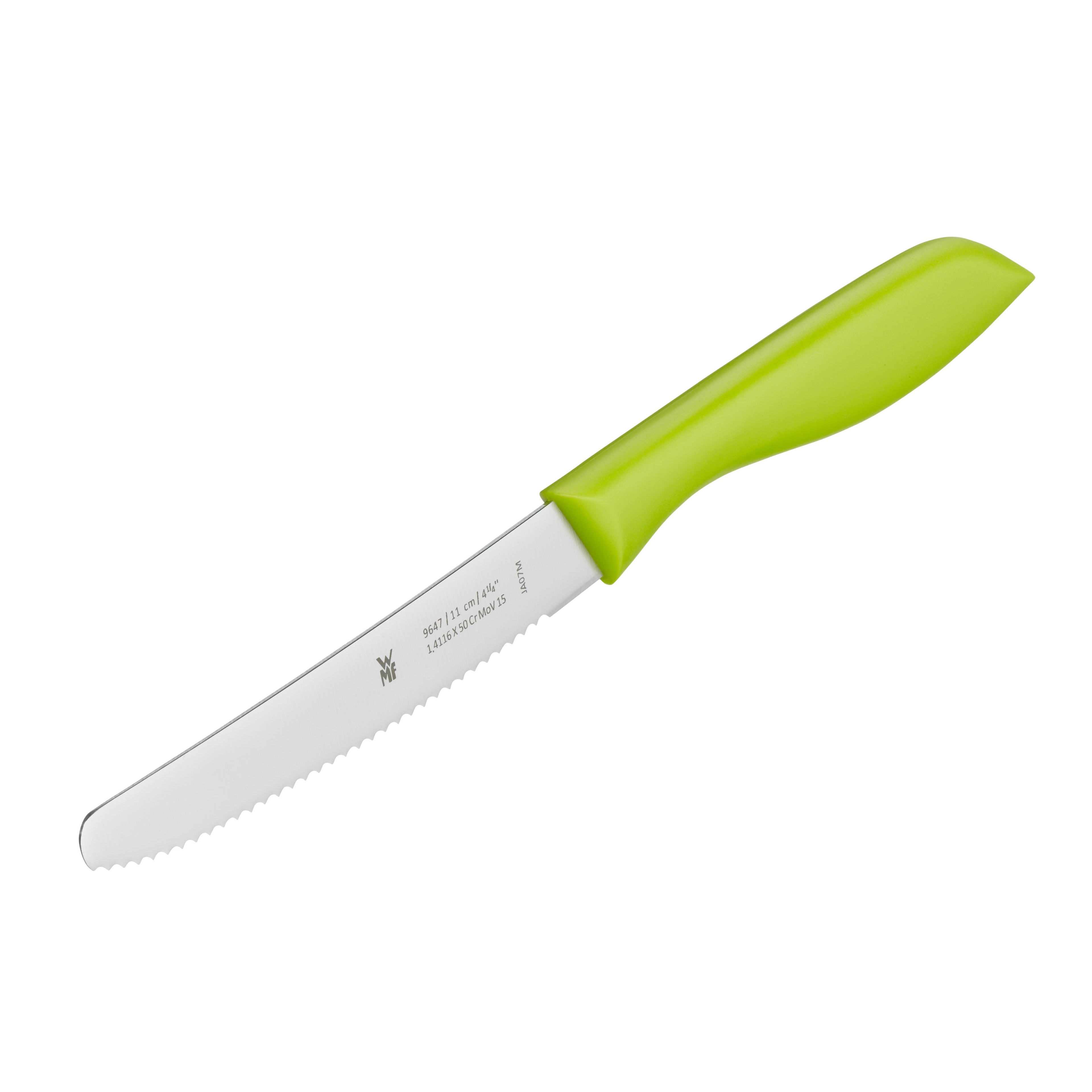 Detalj av bølgeslipt klinge på Universalkniv 11 cm bølgeslipt grønn 2-delt sett - WMF