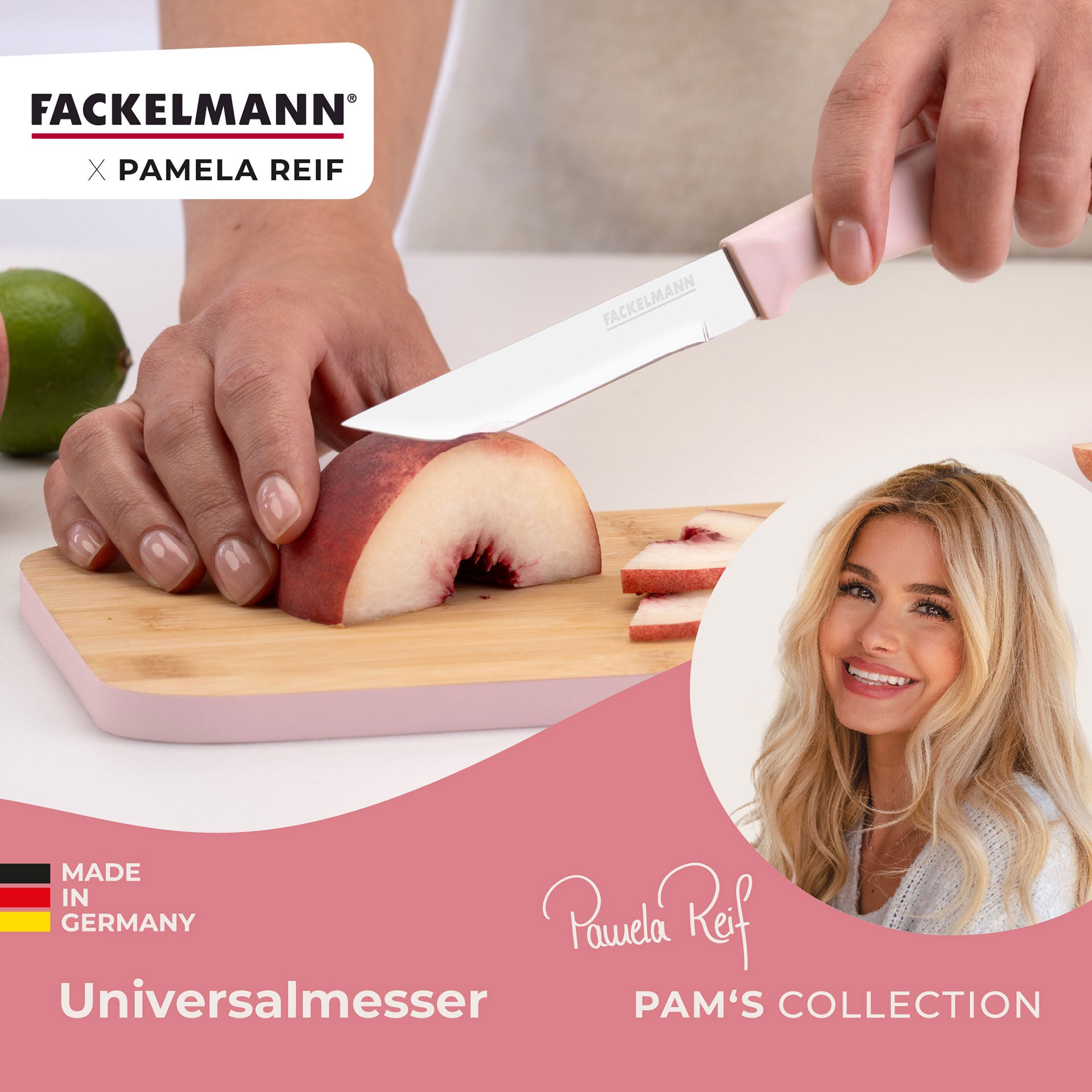 Nærbilde av ergonomisk rosa håndtak på Universalkniv Pamela Reif
