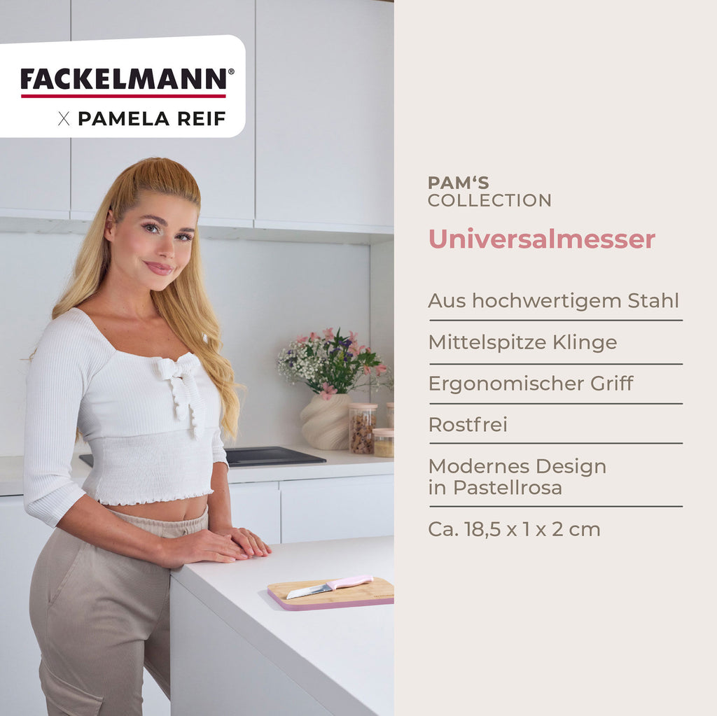Universalkniv Pamela Reif 18,5 cm rosa rustfritt stål montert på skjærefjøl