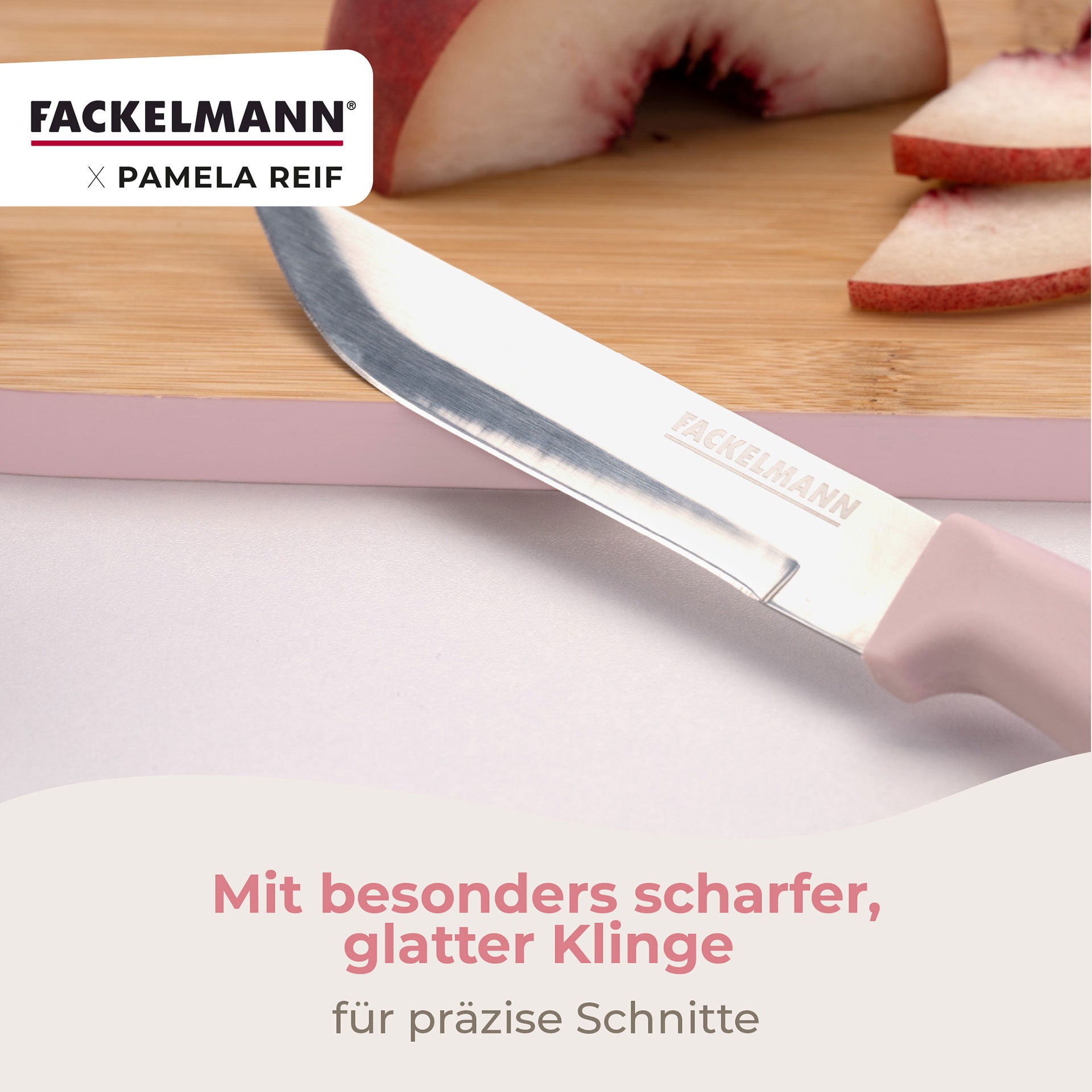 Universalkniv Pamela Reif 18,5 cm rosa rustfritt stål i bruk