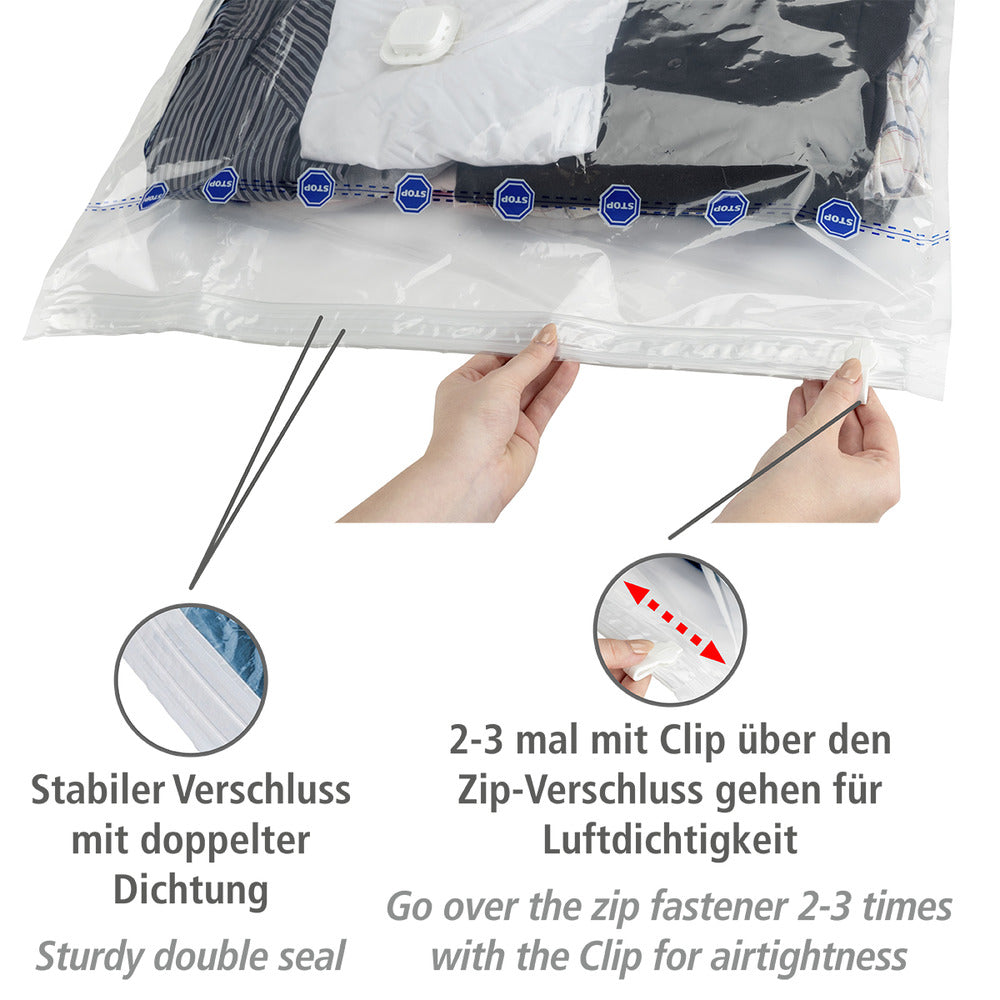 Vakuum oppbevaringsboks L med plassbesparelse opptil 75 % i bruk med klær