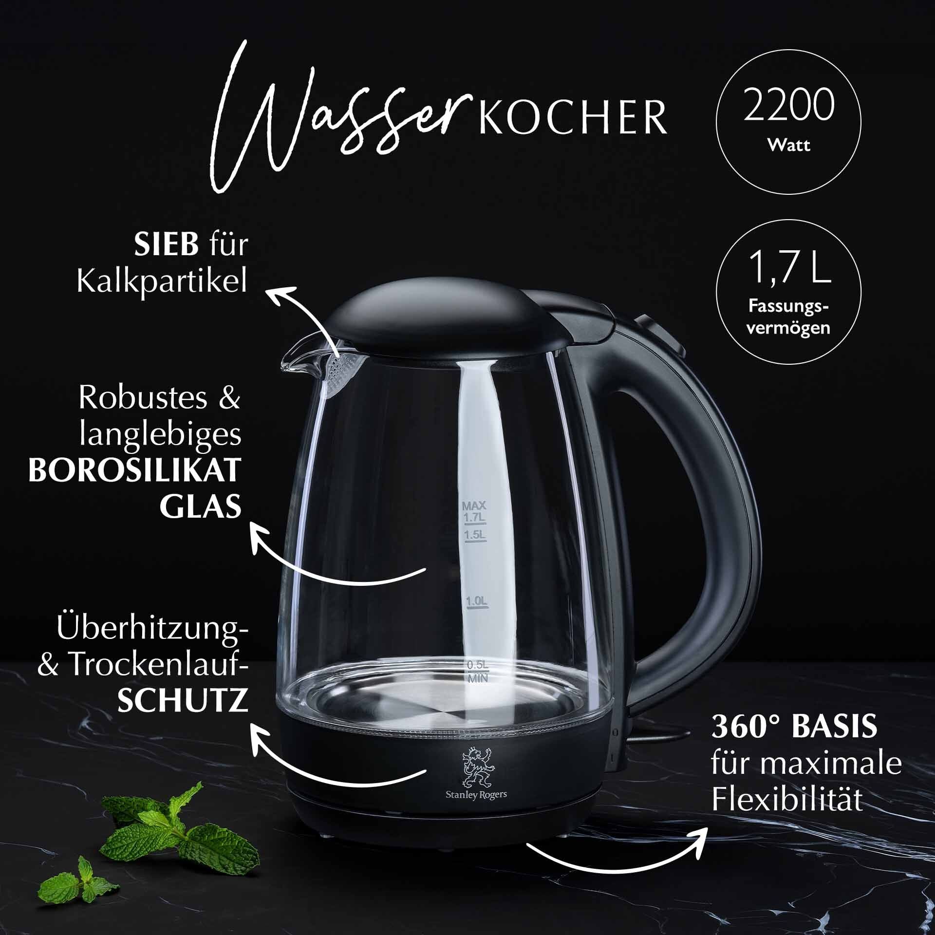 360 graders base på vannkoker glass 1,7 L med kalkfilter 360° base - Stanley Rogers