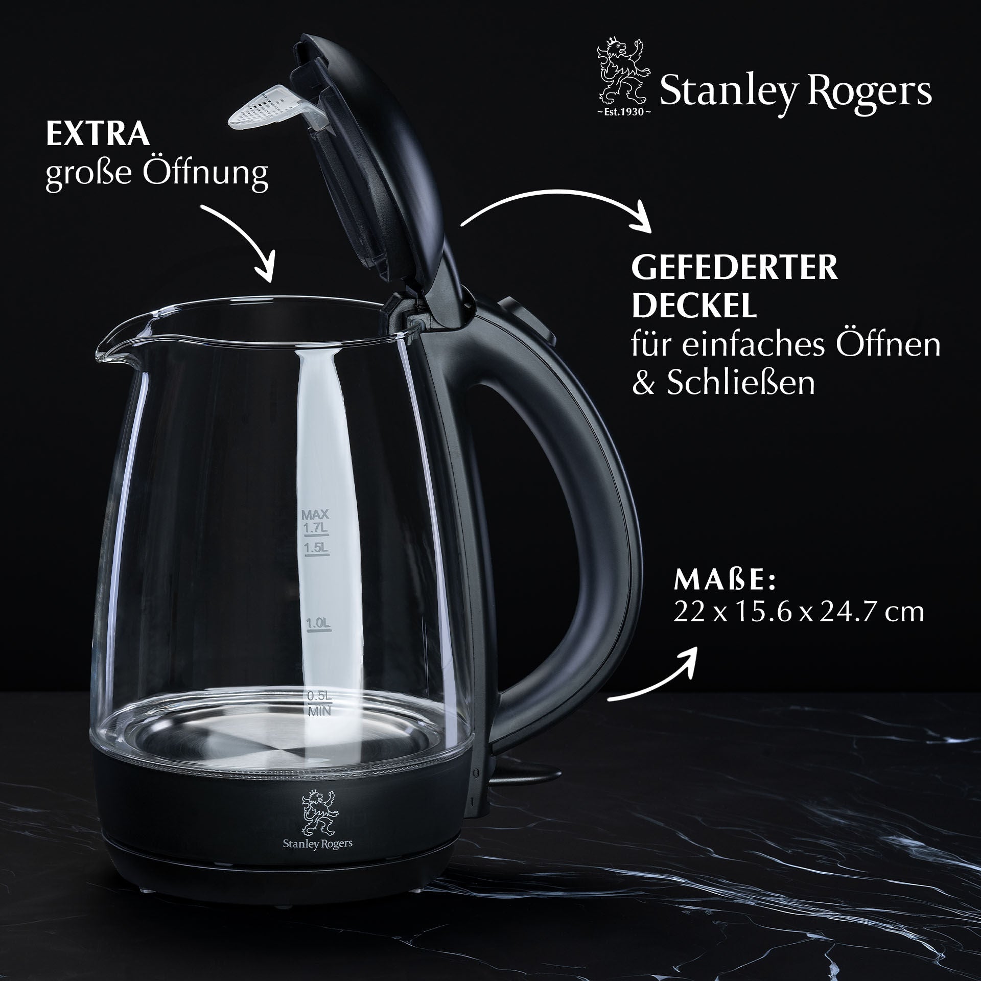 Vannkoker glass 1,7 L med kalkfilter 360° base - Stanley Rogers med blå LED-indikator