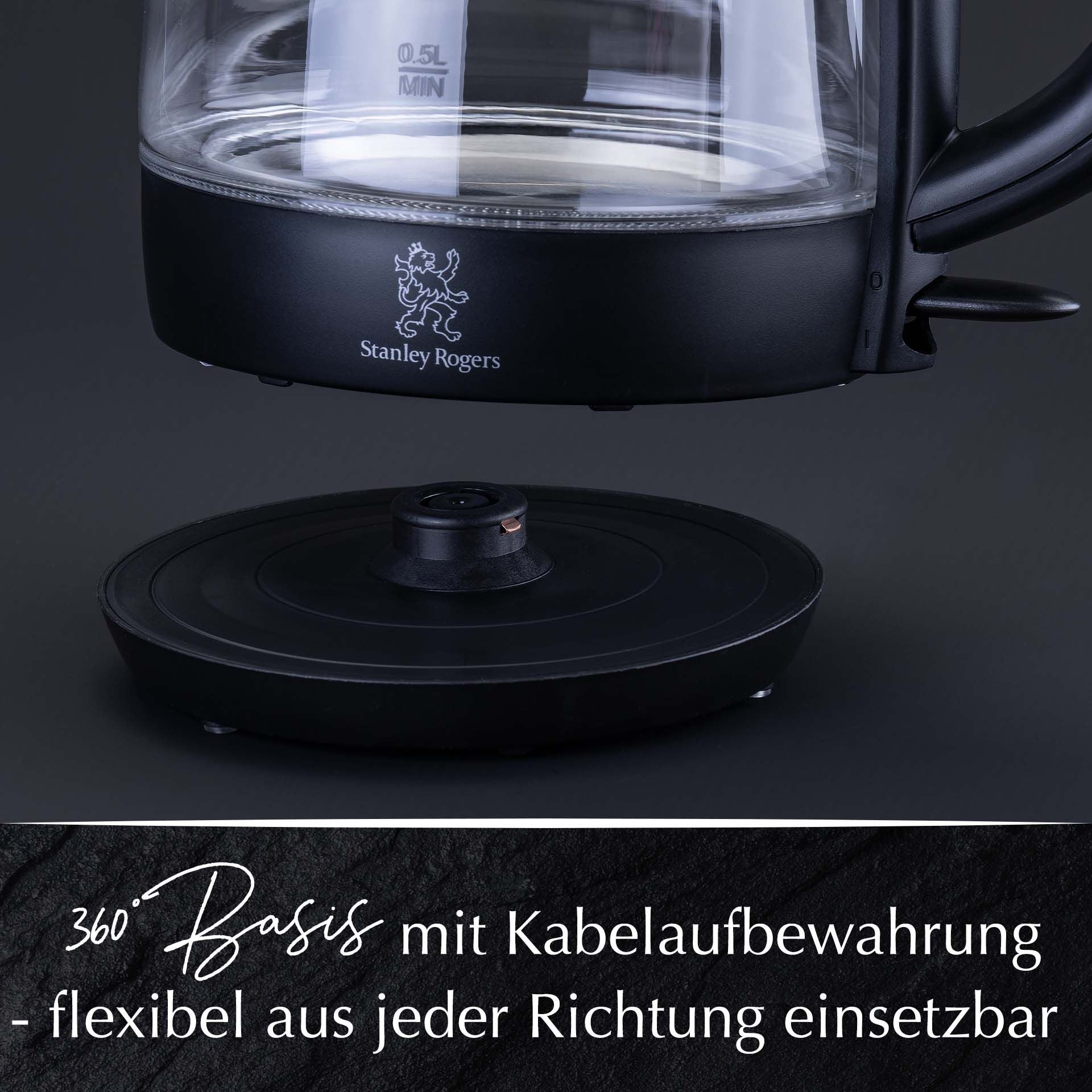 Nærbilde av håndtak på vannkoker glass 1,7 L med kalkfilter 360° base - Stanley Rogers